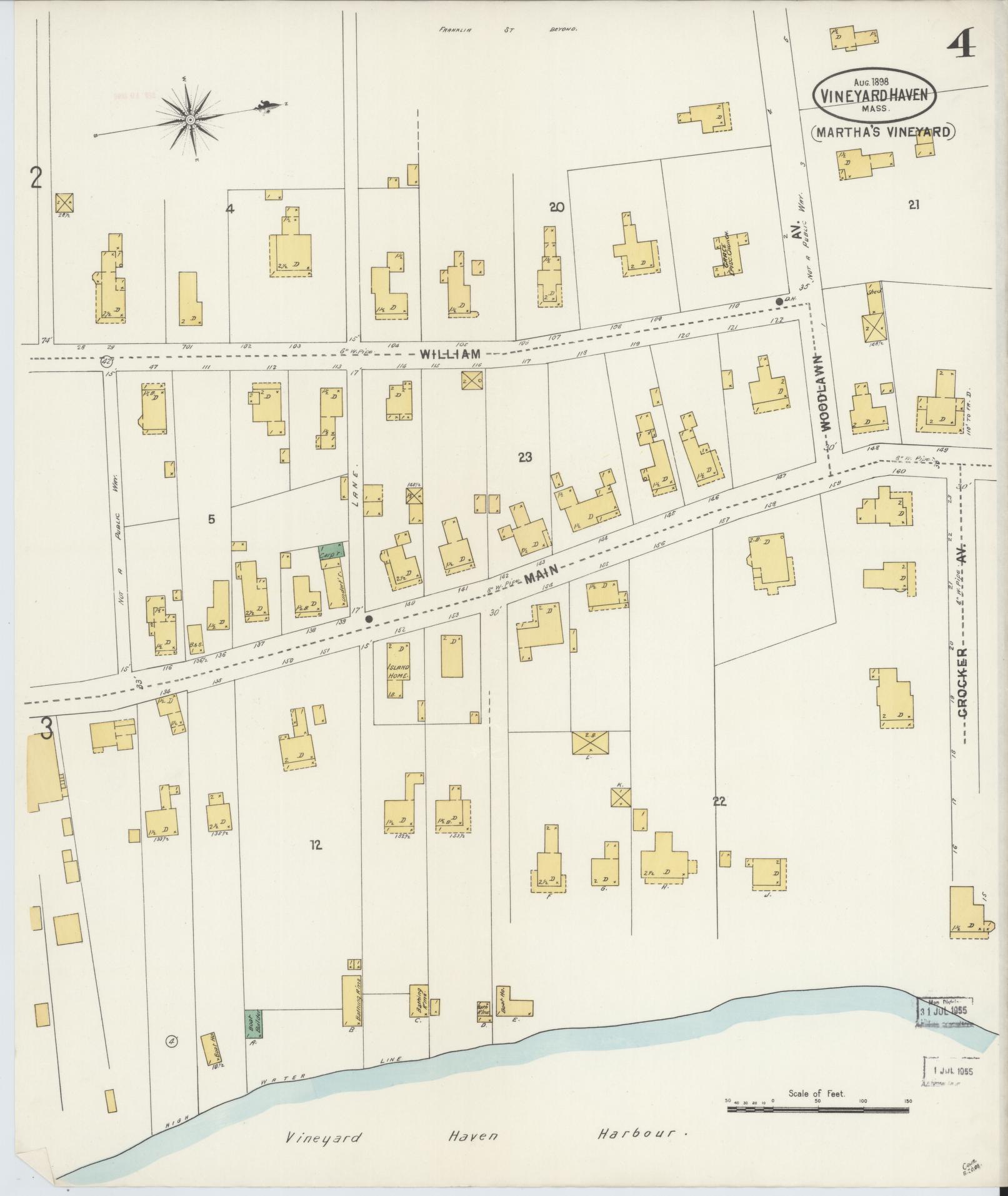 Sanborn Fire Insurance Map from Vineyard Haven, Dukes County, Massachusetts (1898), Sheet #0004 - Historic Sanborn Fire Insurance Map Print, vintage old map wall art, antique decor, genealogy gift, Massachusetts Massachusetts map