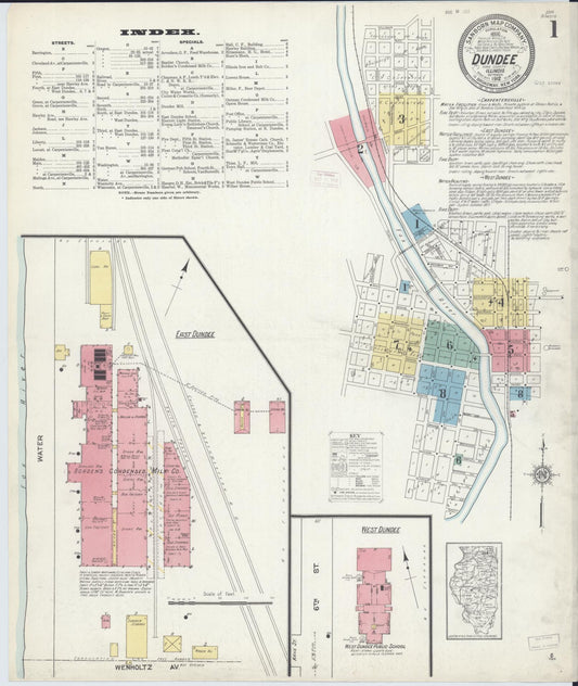Sanborn Fire Insurance Map from Dundee, Kane County, Illinois (1912), Sheet #0001 - Historic Sanborn Fire Insurance Map Print, vintage old map wall art, antique decor, genealogy gift, Illinois Illinois map