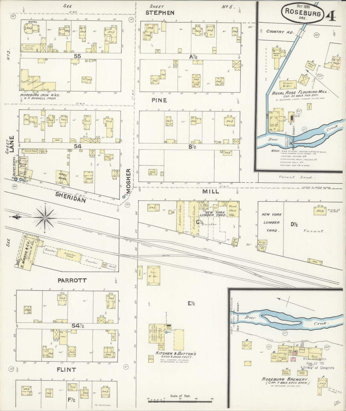 Sanborn Fire Insurance Map from Roseburg, Douglas County, Oregon (1890), Sheet #0004 - Historic Sanborn Fire Insurance Map Print, vintage old map wall art, antique decor, genealogy gift, Oregon Oregon map
