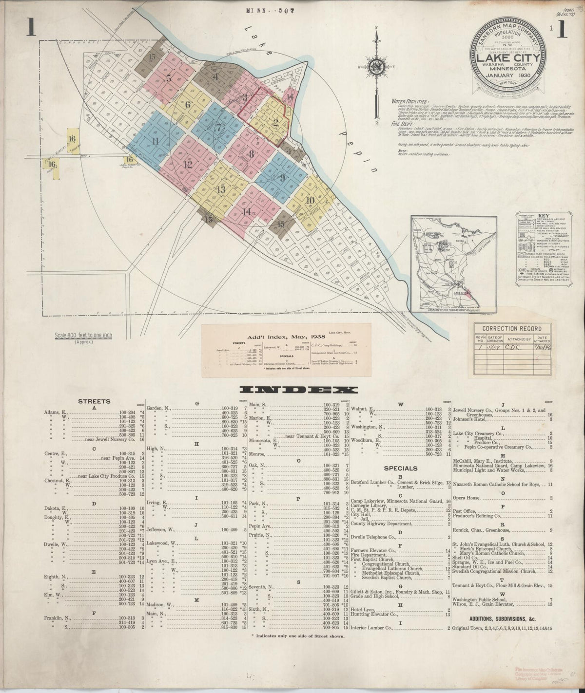 Sanborn Fire Insurance Map from Lake City, Wabasha County, Minnesota (1938), Sheet #0001 - Historic Sanborn Fire Insurance Map Print, vintage old map wall art, antique decor, genealogy gift, Minnesota Minnesota map