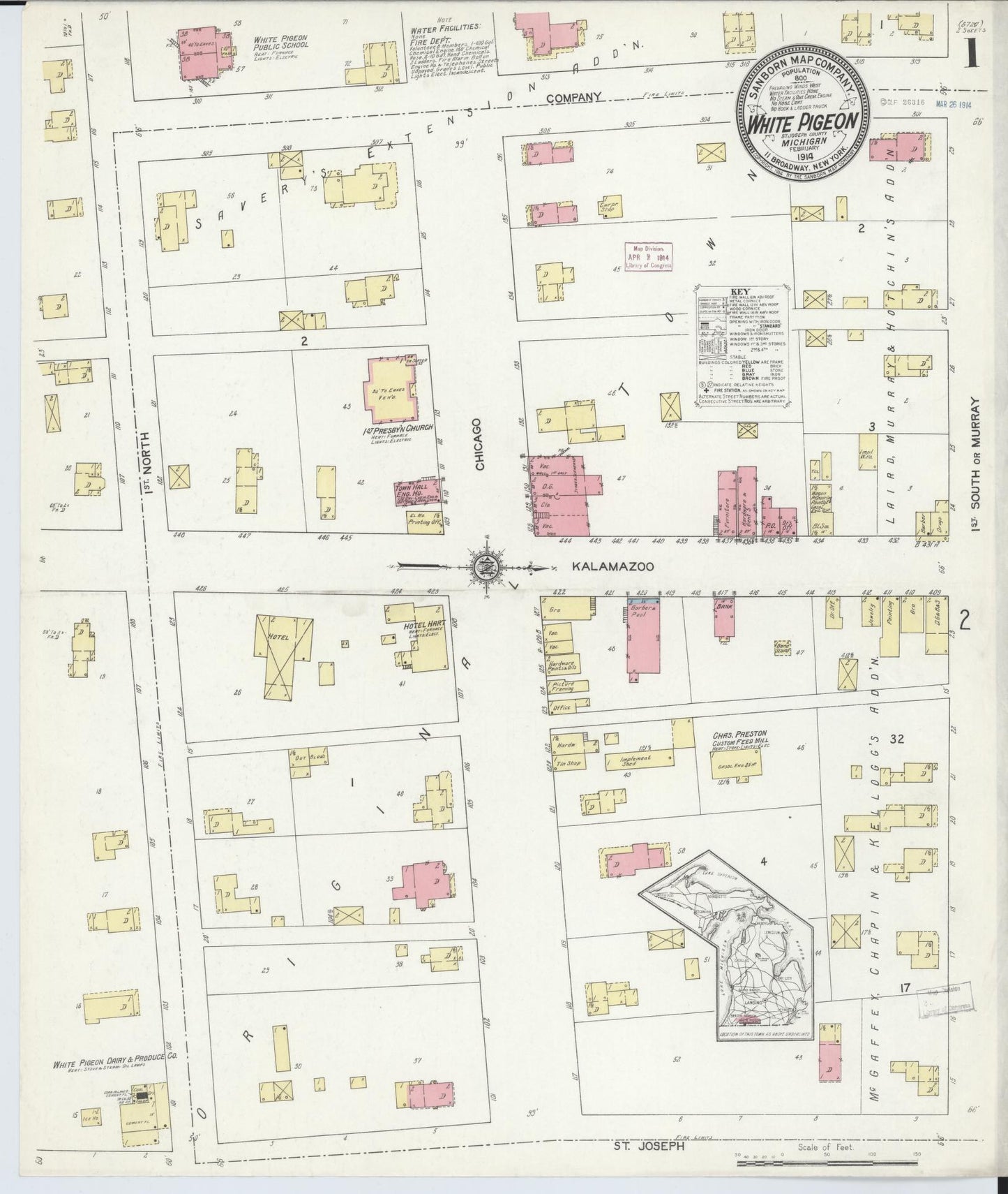 Sanborn Fire Insurance Map from White Pigeon, Saint Joseph County, Michigan (1914), Sheet #0001 - Historic Sanborn Fire Insurance Map Print, vintage old map wall art, antique decor, genealogy gift, Michigan Michigan map