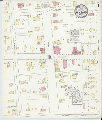 Sanborn Fire Insurance Map from White Pigeon, Saint Joseph County, Michigan (1914), Sheet #0001 - Historic Sanborn Fire Insurance Map Print, vintage old map wall art, antique decor, genealogy gift, Michigan Michigan map