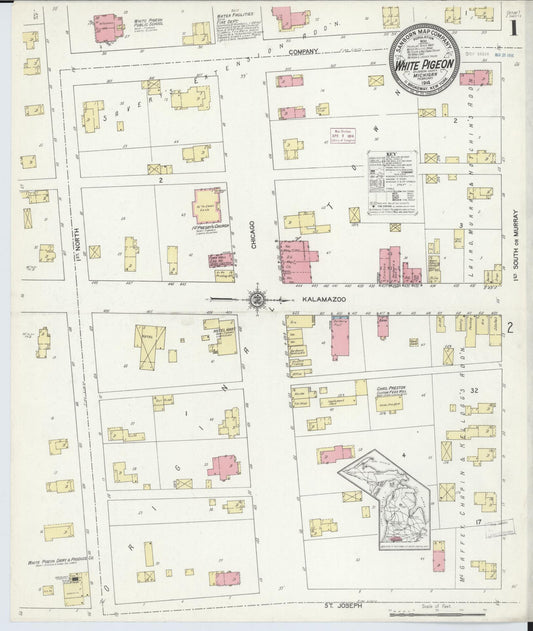 Sanborn Fire Insurance Map from White Pigeon, Saint Joseph County, Michigan (1914), Sheet #0001 - Historic Sanborn Fire Insurance Map Print, vintage old map wall art, antique decor, genealogy gift, Michigan Michigan map