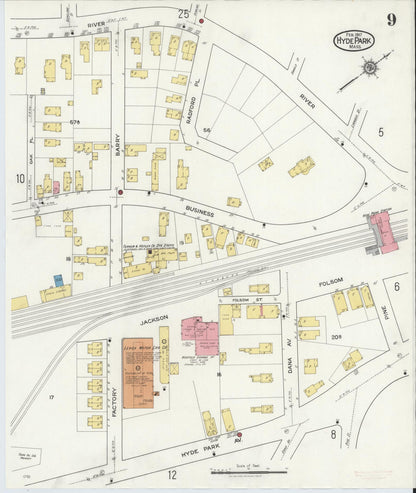 Sanborn Fire Insurance Map from Hyde Park, Norfolk County, Massachusetts (1917), Sheet #0009 - Historic Sanborn Fire Insurance Map Print, vintage old map wall art, antique decor, genealogy gift, Massachusetts Massachusetts map