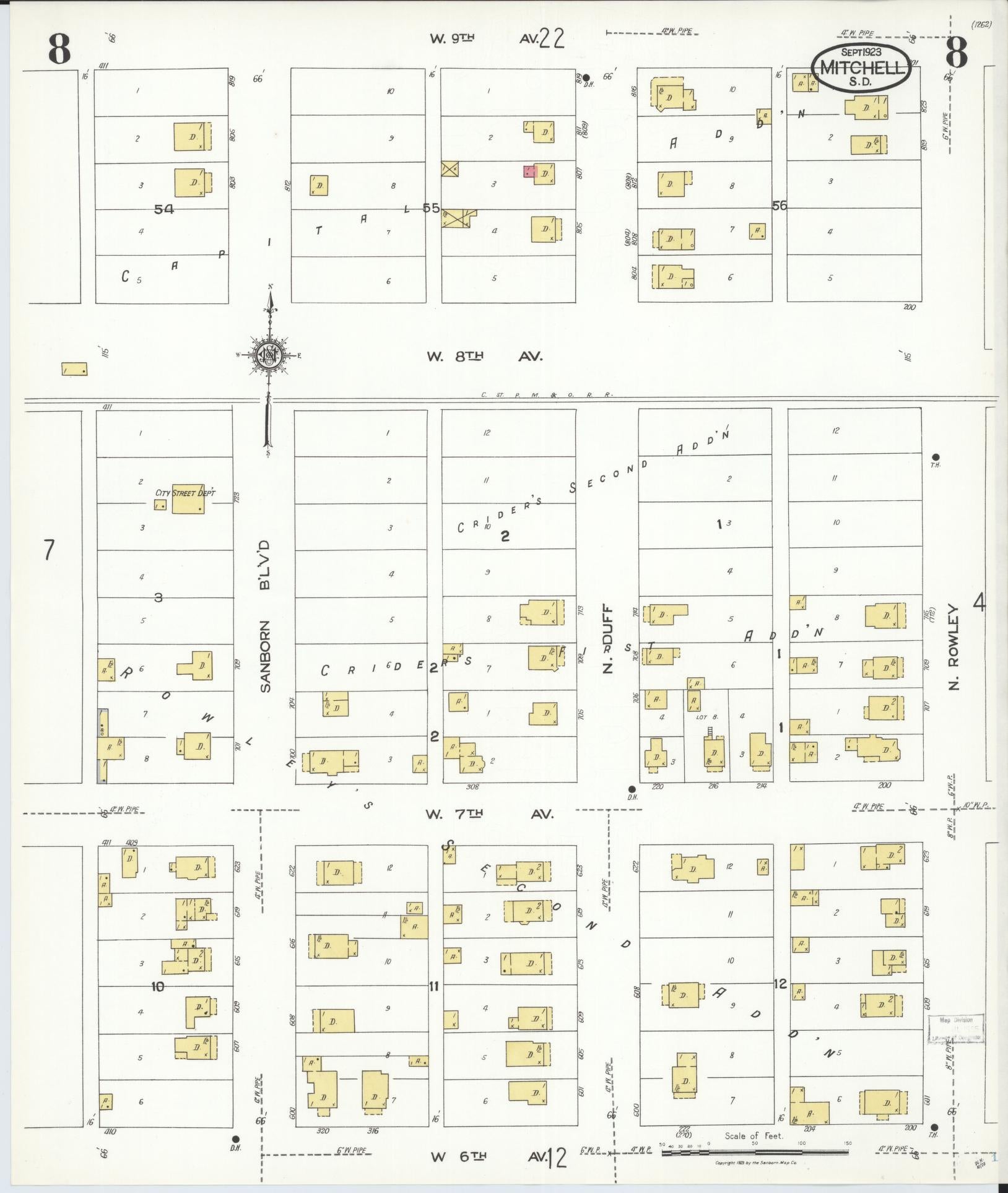 Sanborn Fire Insurance Map from Mitchell, Davison County, South Dakota (1923), Sheet #0008 - Historic Sanborn Fire Insurance Map Print, vintage old map wall art, antique decor, genealogy gift, South Dakota South Dakota map