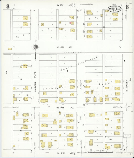 Sanborn Fire Insurance Map from Mitchell, Davison County, South Dakota (1923), Sheet #0008 - Historic Sanborn Fire Insurance Map Print, vintage old map wall art, antique decor, genealogy gift, South Dakota South Dakota map