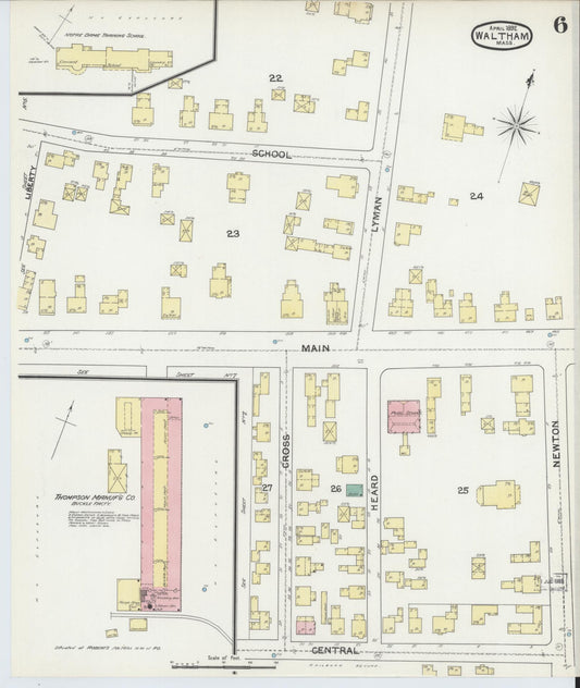 Sanborn Fire Insurance Map from Waltham, Middlesex County, Massachusetts (1892), Sheet #0006 - Historic Sanborn Fire Insurance Map Print, vintage old map wall art, antique decor, genealogy gift, Massachusetts Massachusetts map