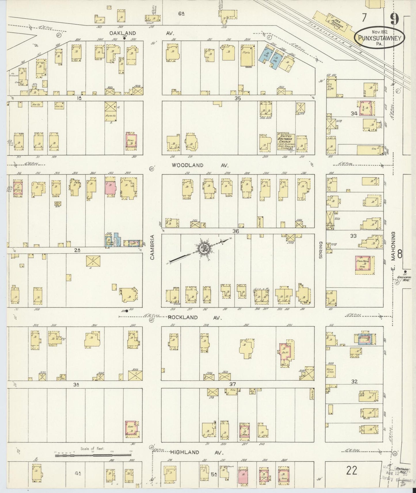 Sanborn Fire Insurance Map from Punxsutawney, Jefferson County, Pennsylvania (1912), Sheet #0009 - Historic Sanborn Fire Insurance Map Print, vintage old map wall art, antique decor, genealogy gift, Pennsylvania Pennsylvania map