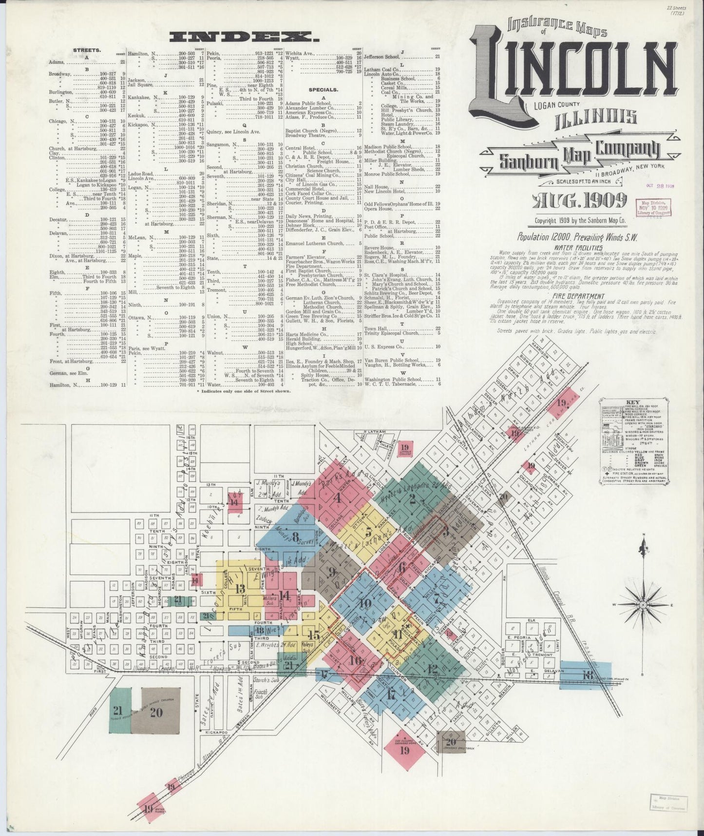 Sanborn Fire Insurance Map from Lincoln, Logan County, Illinois (1909), Sheet #0001 - Historic Sanborn Fire Insurance Map Print, vintage old map wall art, antique decor, genealogy gift, Illinois Illinois map