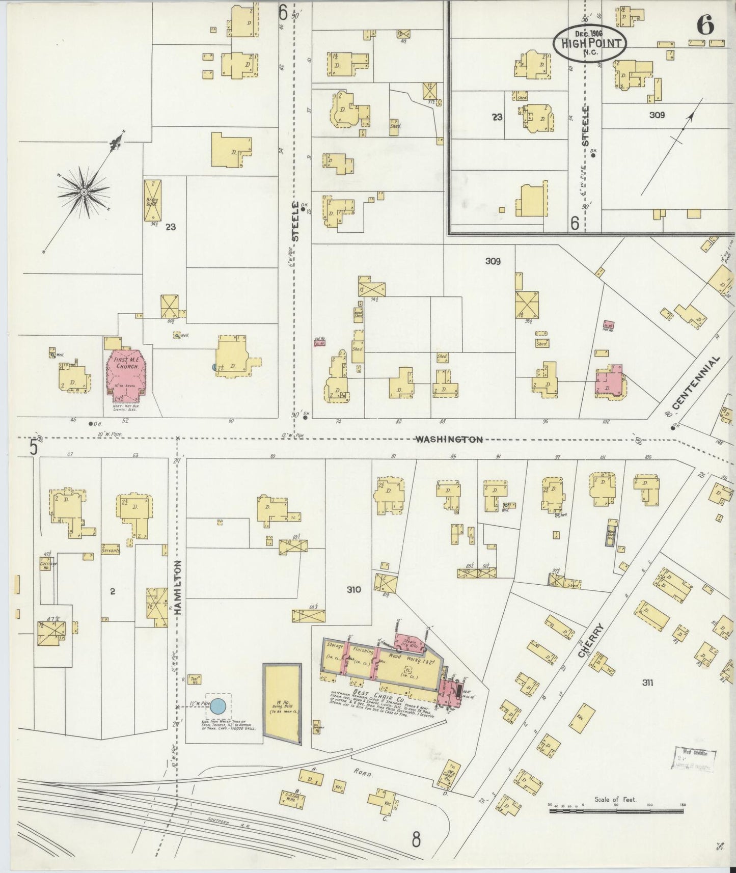 Sanborn Fire Insurance Map from High Point, Guilford County, North Carolina (1906), Sheet #0006 - Complete Map Set gallery image, historic Sanborn map, vintage wall art, North Carolina North Carolina