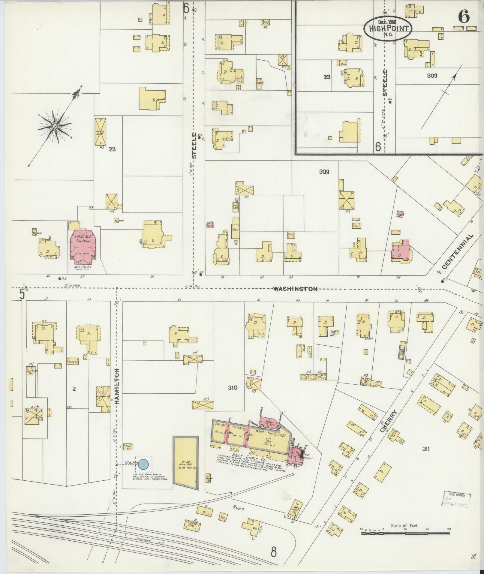 Sanborn Fire Insurance Map from High Point, Guilford County, North Carolina (1906), Sheet #0006 - Complete Map Set gallery image, historic Sanborn map, vintage wall art, North Carolina North Carolina