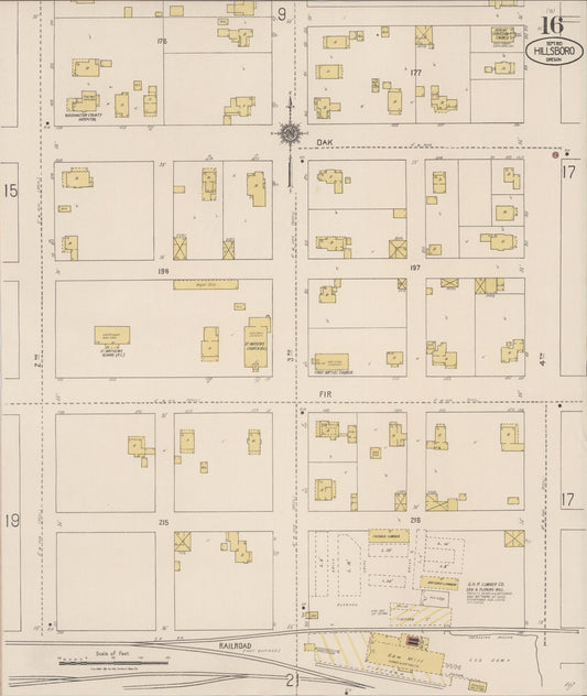 Sanborn Fire Insurance Map from Hillsboro, Washington County, Oregon (1921), Sheet #0016 - Historic Sanborn Fire Insurance Map Print, vintage old map wall art, antique decor, genealogy gift, Oregon Oregon map