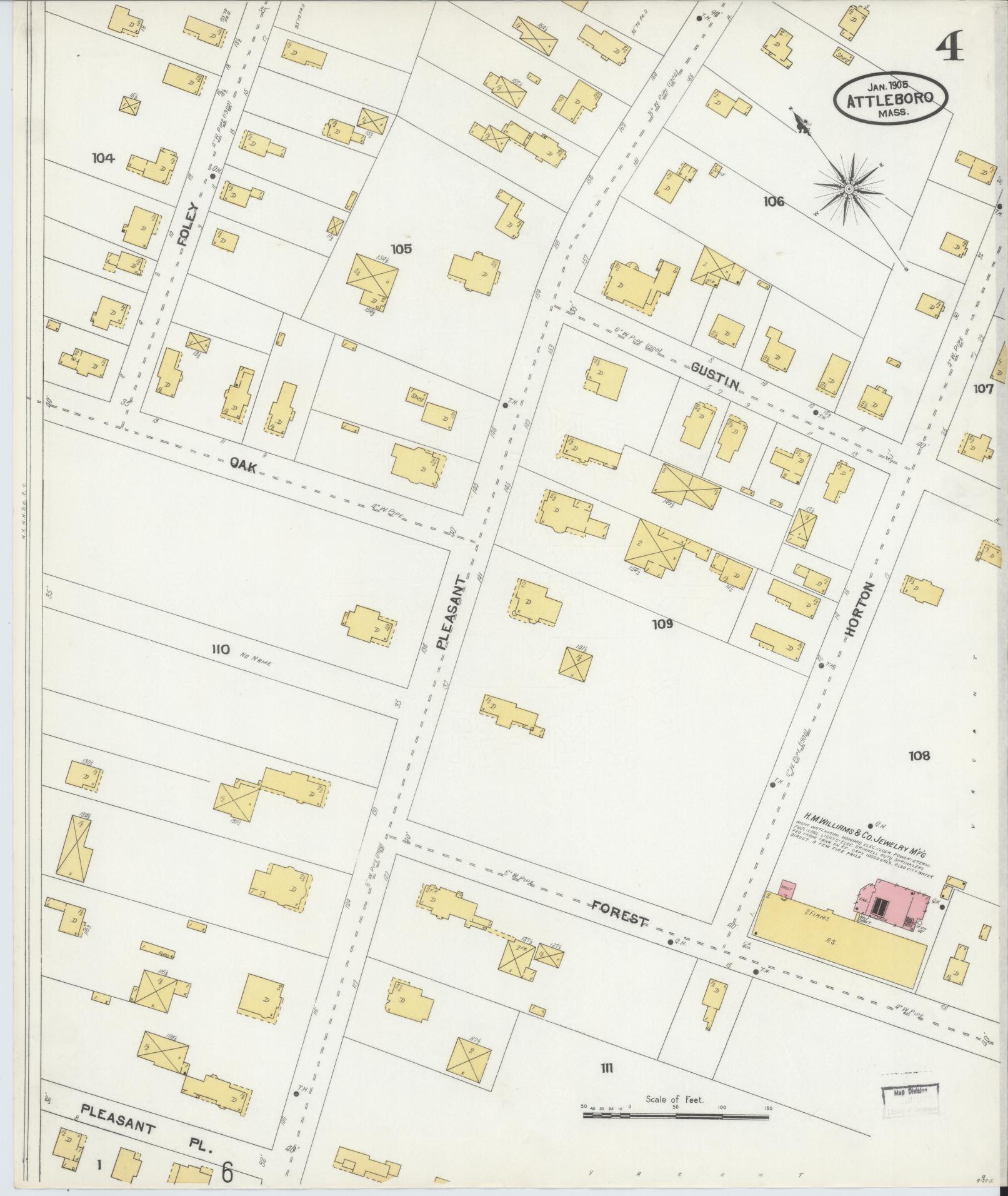 Sanborn Fire Insurance Map from Attleboro, Bristol County, Massachusetts (1905), Sheet #0004 - Historic Sanborn Fire Insurance Map Print, vintage old map wall art, antique decor, genealogy gift, Massachusetts Massachusetts map