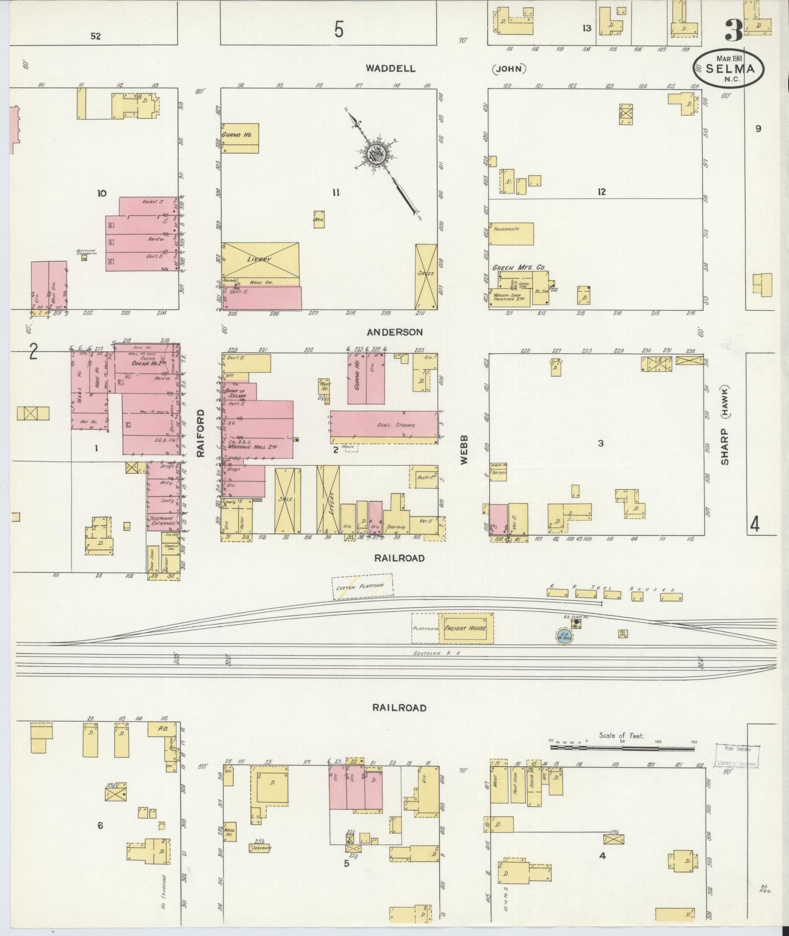 Sanborn Fire Insurance Map from Selma, Johnston County, North Carolina (1911), Sheet #0003 - Historic Sanborn Fire Insurance Map Print, vintage old map wall art, antique decor, genealogy gift, North Carolina North Carolina map