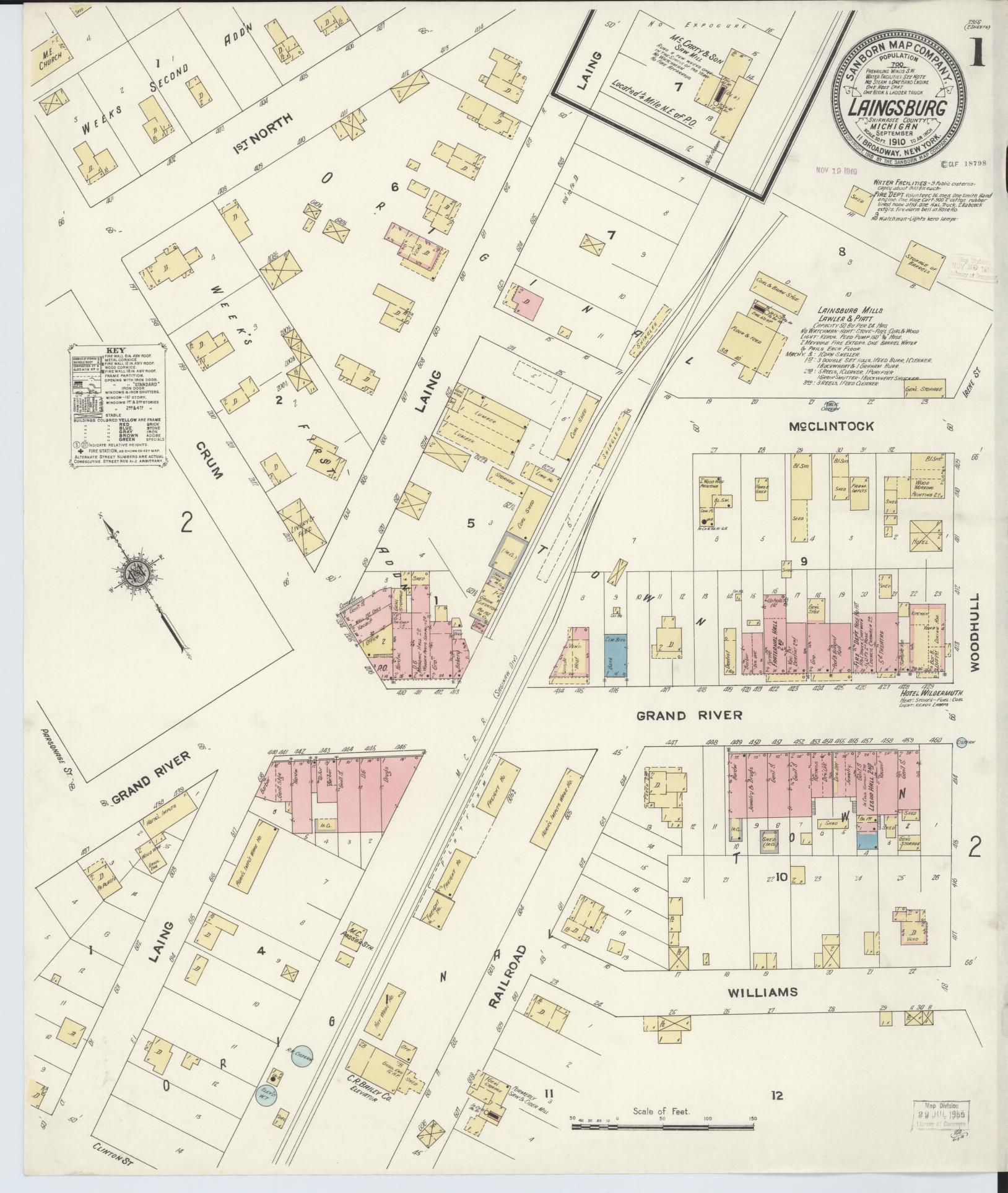 Sanborn Fire Insurance Map from Laingsburg, Shiawassee County, Michigan (1910), Sheet #0001 - Complete Map Set gallery image, historic Sanborn map, vintage wall art, Michigan Michigan