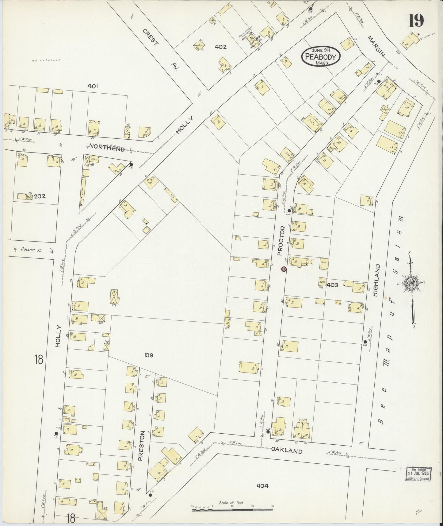 Sanborn Fire Insurance Map from Peabody, Essex County, Massachusetts (1914), Sheet #0019 - Historic Sanborn Fire Insurance Map Print, vintage old map wall art, antique decor, genealogy gift, Massachusetts Massachusetts map
