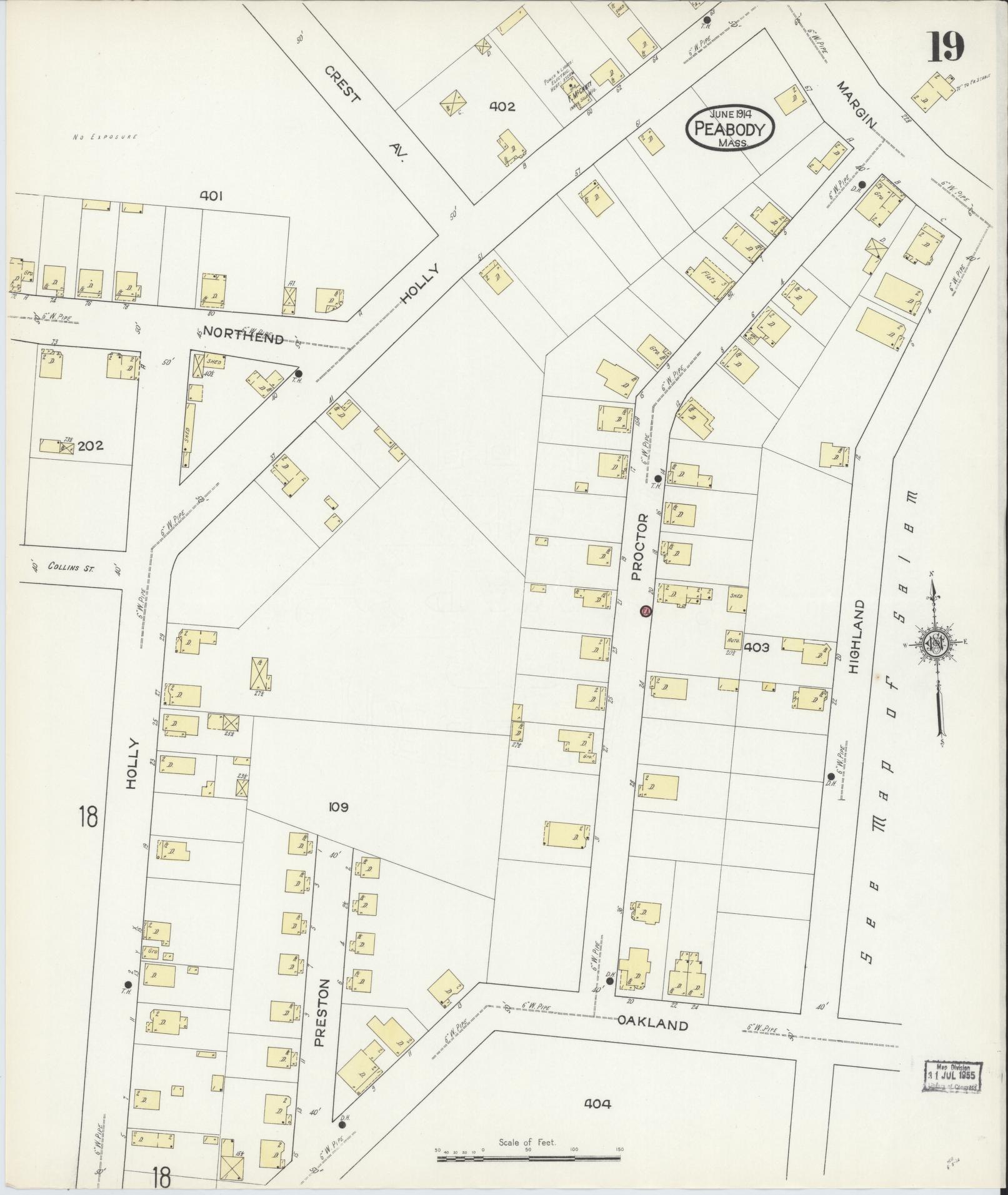 Sanborn Fire Insurance Map from Peabody, Essex County, Massachusetts (1914), Sheet #0019 - Historic Sanborn Fire Insurance Map Print, vintage old map wall art, antique decor, genealogy gift, Massachusetts Massachusetts map