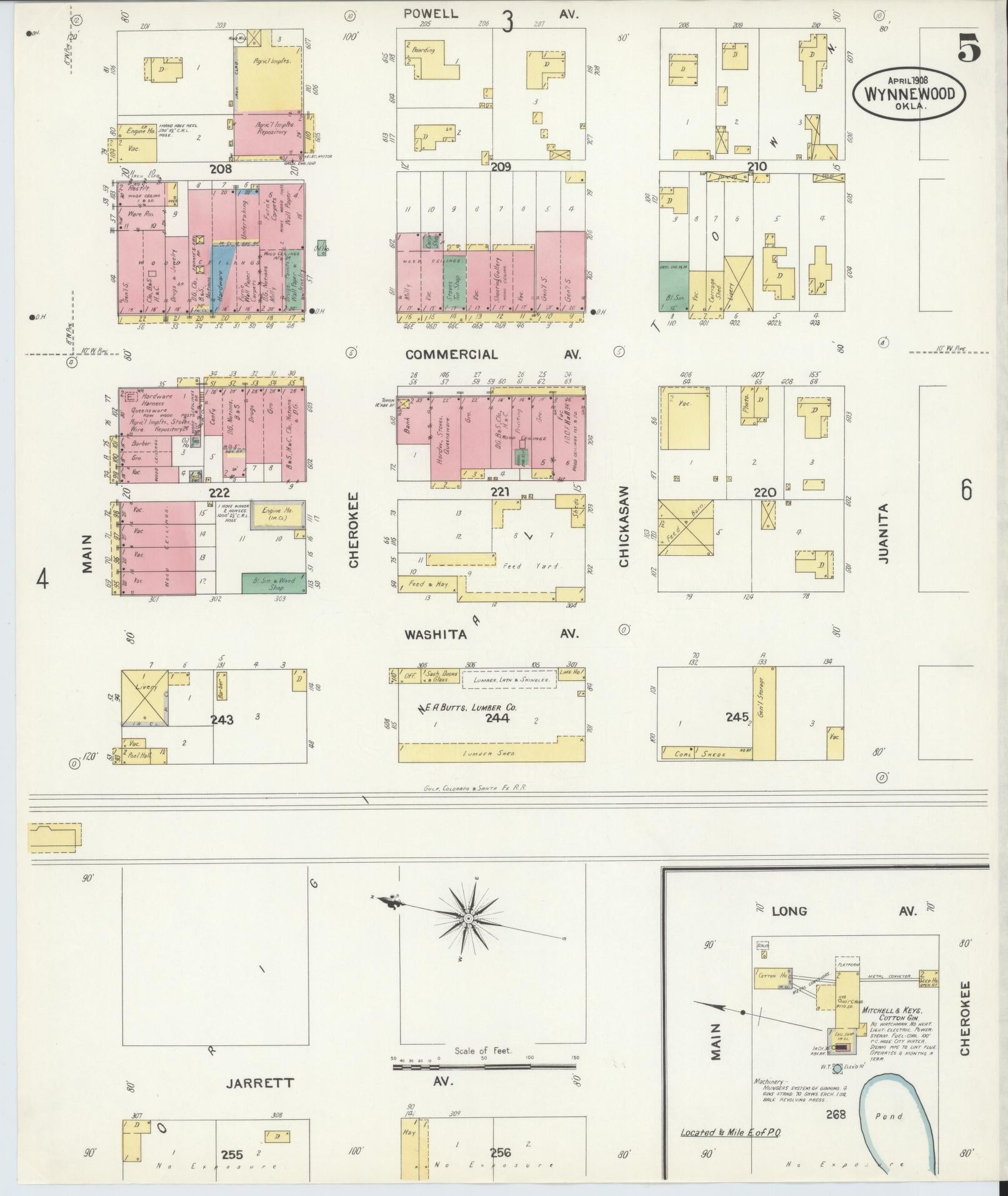 Sanborn Fire Insurance Map from Wynnewood, Garvin County, Oklahoma (1908), Sheet #0005 - Complete Map Set gallery image, historic Sanborn map, vintage wall art, Oklahoma Oklahoma