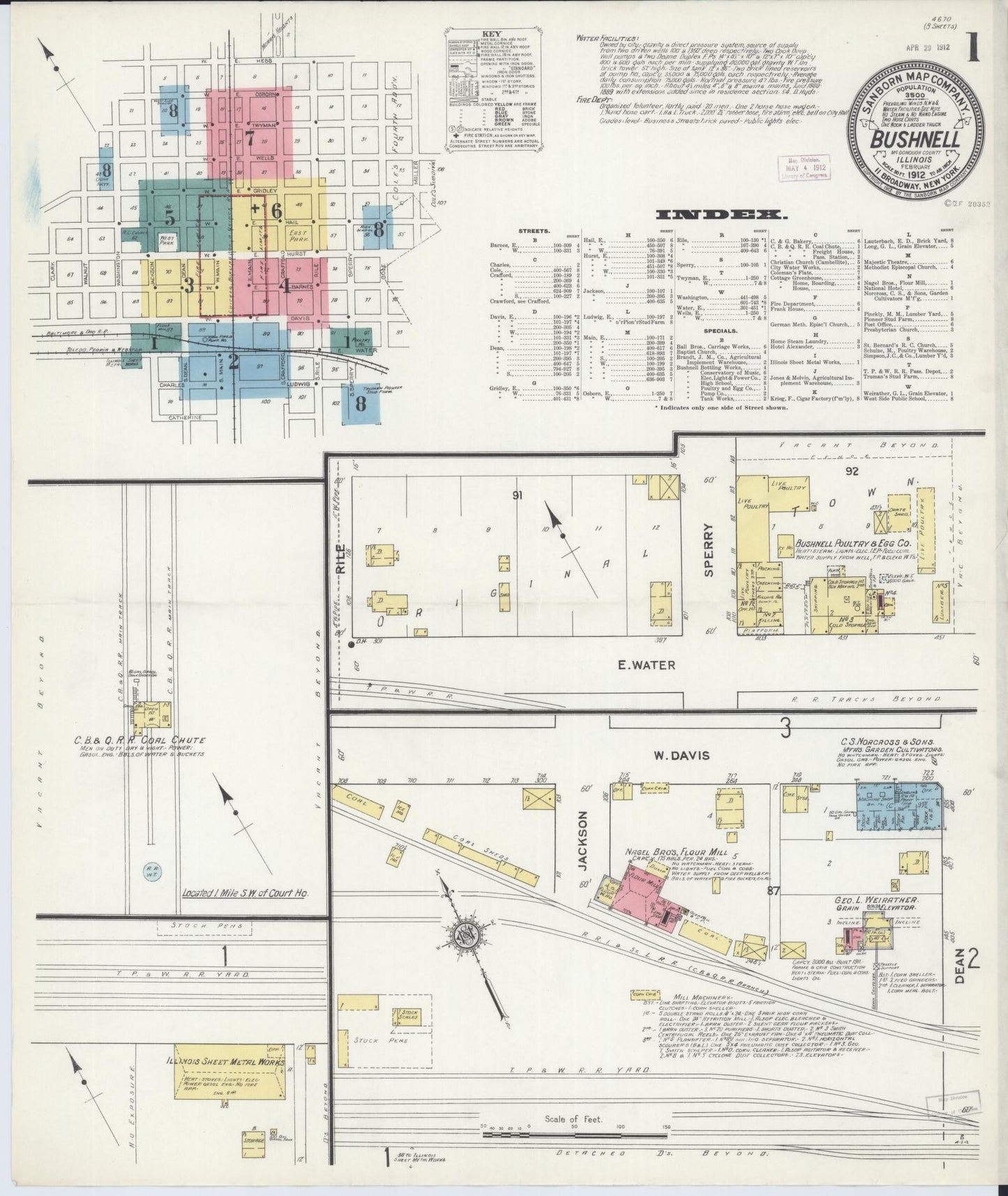 Sanborn Fire Insurance Map from Bushnell, Mcdonough County, Illinois (1912), Sheet #0001 - Historic Sanborn Fire Insurance Map Print, vintage old map wall art, antique decor, genealogy gift, Illinois Illinois map