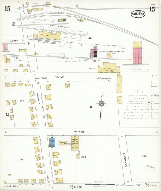 Sanborn Fire Insurance Map from Sumter, Sumter County, South Carolina (1923), Sheet #0015 - Historic Sanborn Fire Insurance Map Print, vintage old map wall art, antique decor, genealogy gift, South Carolina South Carolina map