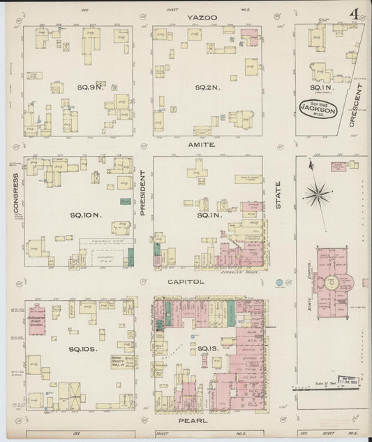Sanborn Fire Insurance Map from Jackson, Hinds County, Mississippi (1885), Sheet #0004 - Historic Sanborn Fire Insurance Map Print, vintage old map wall art, antique decor, genealogy gift, Mississippi Mississippi map