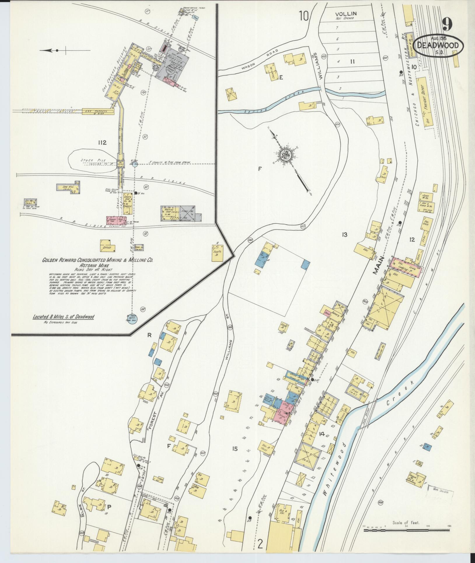 Sanborn Fire Insurance Map from Deadwood, Lawrence County, South Dakota (1915), Sheet #0009 - Complete Map Set gallery image, historic Sanborn map, vintage wall art, South Dakota South Dakota