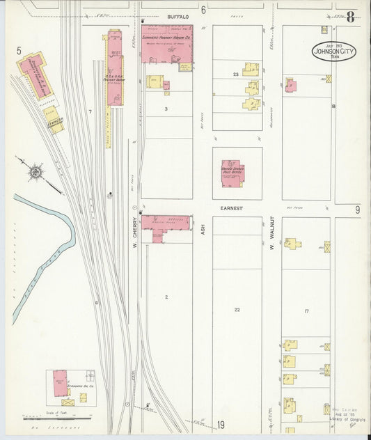 Sanborn Fire Insurance Map from Johnson City, Washington County, Tennessee (1913), Sheet #0008 - Historic Sanborn Fire Insurance Map Print, vintage old map wall art, antique decor, genealogy gift, Tennessee Tennessee map