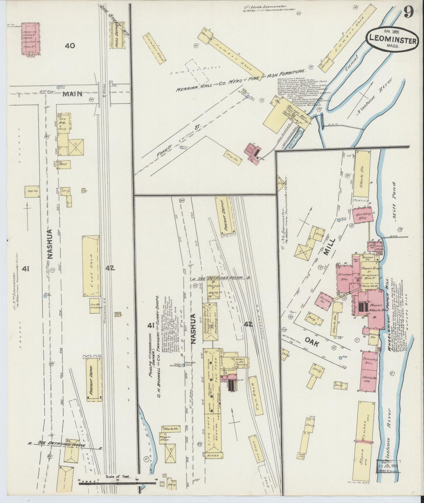 Sanborn Fire Insurance Map from Leominster, Worcester County, Massachusetts (1891), Sheet #0009 - Historic Sanborn Fire Insurance Map Print, vintage old map wall art, antique decor, genealogy gift, Massachusetts Massachusetts map