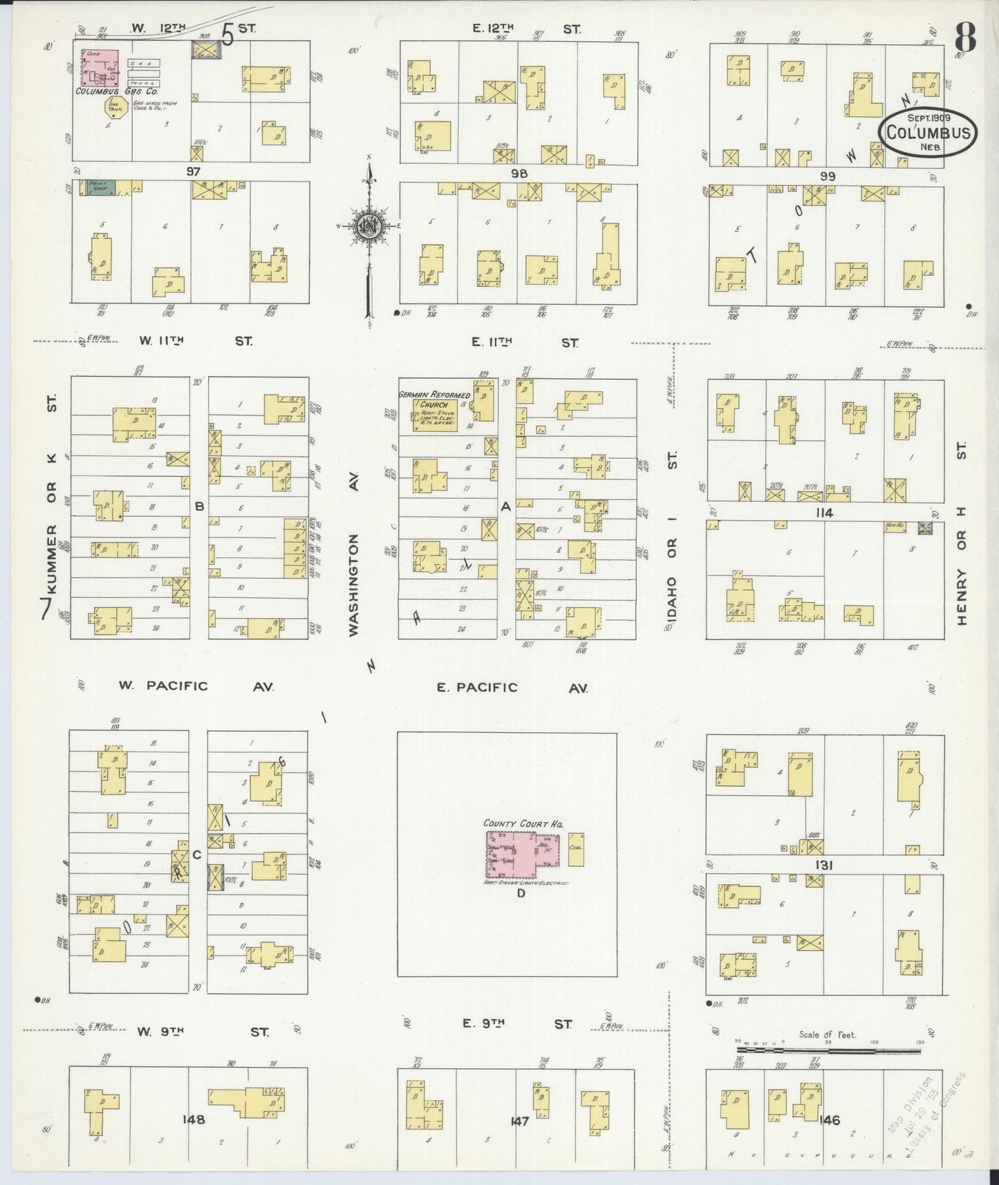 Sanborn Fire Insurance Map from Columbus, Platte County, Nebraska (1909), Sheet #0008 - Complete Map Set gallery image, historic Sanborn map, vintage wall art, Nebraska Nebraska