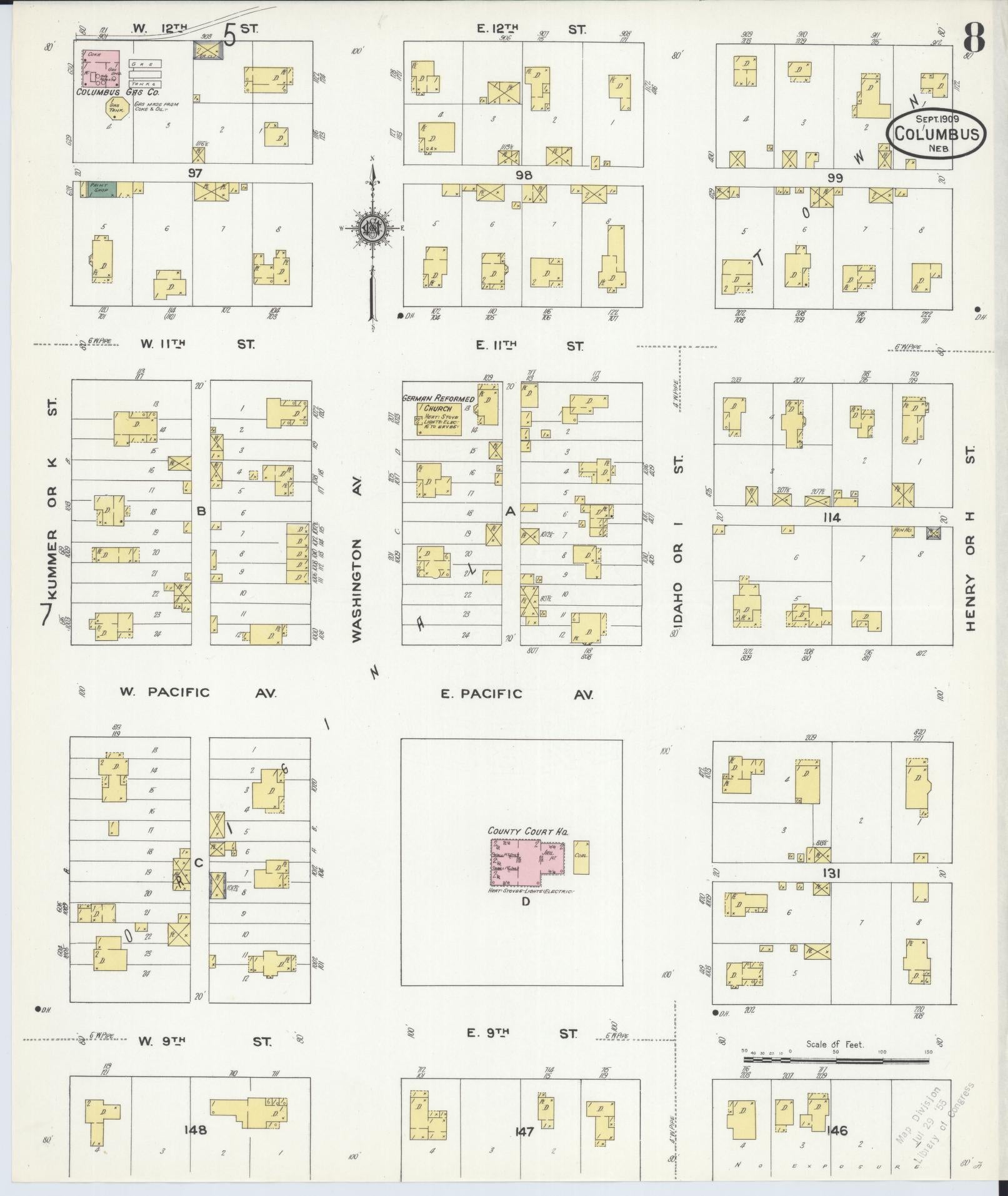 Sanborn Fire Insurance Map from Columbus, Platte County, Nebraska (1909), Sheet #0008 - Complete Map Set gallery image, historic Sanborn map, vintage wall art, Nebraska Nebraska