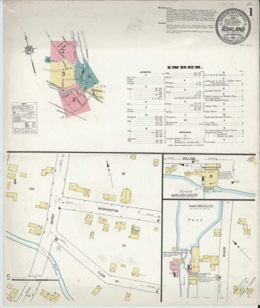 Sanborn Fire Insurance Map from Ashland, Grafton County, New Hampshire (1912), Sheet #0001 - Historic Sanborn Fire Insurance Map Print, vintage old map wall art, antique decor, genealogy gift, New Hampshire New Hampshire map