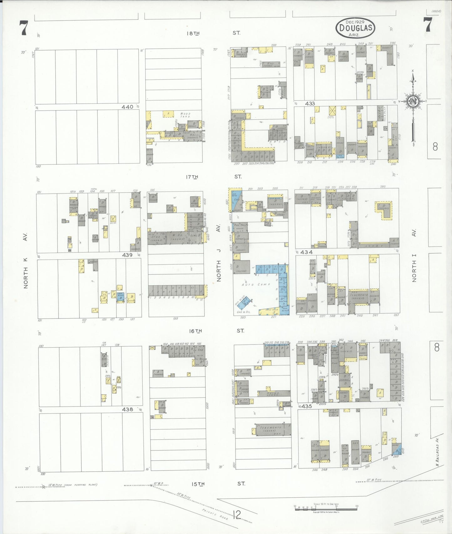 Sanborn Fire Insurance Map from Douglas, Cochise County, Arizona (1929), Sheet #0007 - Complete Map Set gallery image, historic Sanborn map, vintage wall art, Arizona Arizona