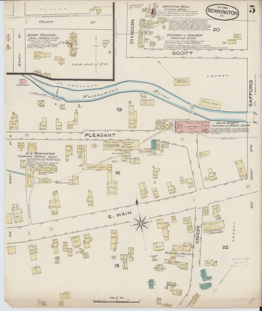 Sanborn Fire Insurance Map from Bennington, Bennington County, Vermont (1885), Sheet #0005 - Historic Sanborn Fire Insurance Map Print, vintage old map wall art, antique decor, genealogy gift, Vermont Vermont map