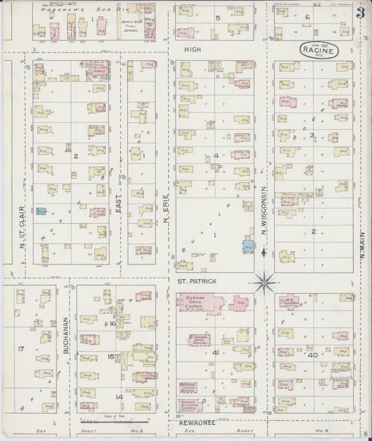 Sanborn Fire Insurance Map from Racine, Racine County, Wisconsin (1887), Sheet #0003 - Historic Sanborn Fire Insurance Map Print, vintage old map wall art, antique decor, genealogy gift, Wisconsin Wisconsin map