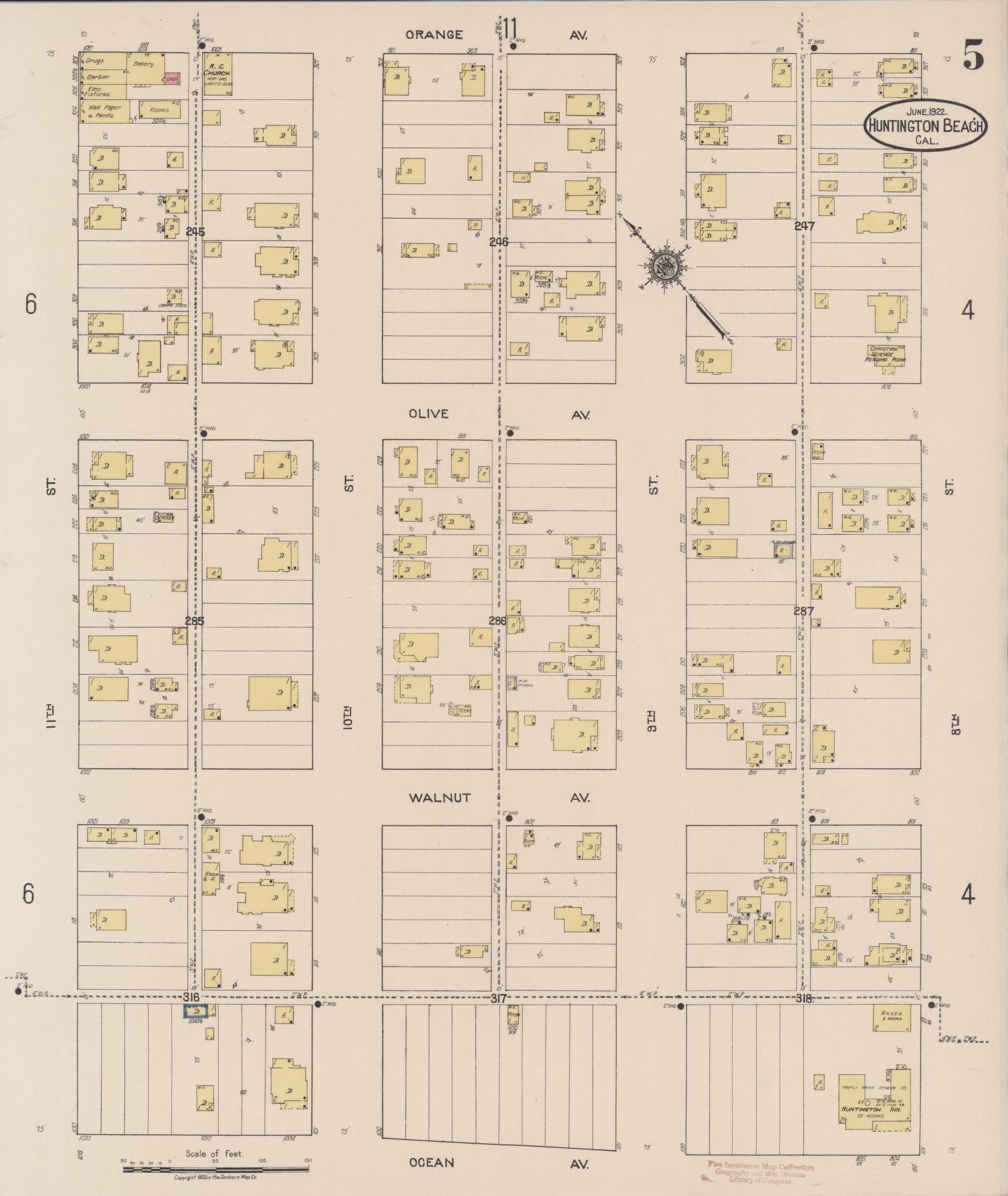 Sanborn Fire Insurance Map from Huntington Beach, Orange County, California (1922), Sheet #0005 - Historic Sanborn Fire Insurance Map Print, vintage old map wall art, antique decor, genealogy gift, California California map