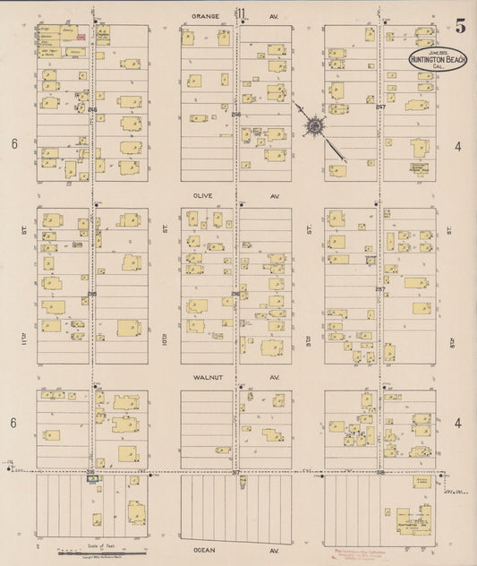 Sanborn Fire Insurance Map from Huntington Beach, Orange County, California (1922), Sheet #0005 - Historic Sanborn Fire Insurance Map Print, vintage old map wall art, antique decor, genealogy gift, California California map