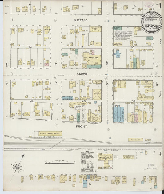 Sanborn Fire Insurance Map from Rawlins, Carbon County, Wyoming (1887), Sheet #0001 - Complete Map Set gallery image, historic Sanborn map, vintage wall art, Wyoming Wyoming