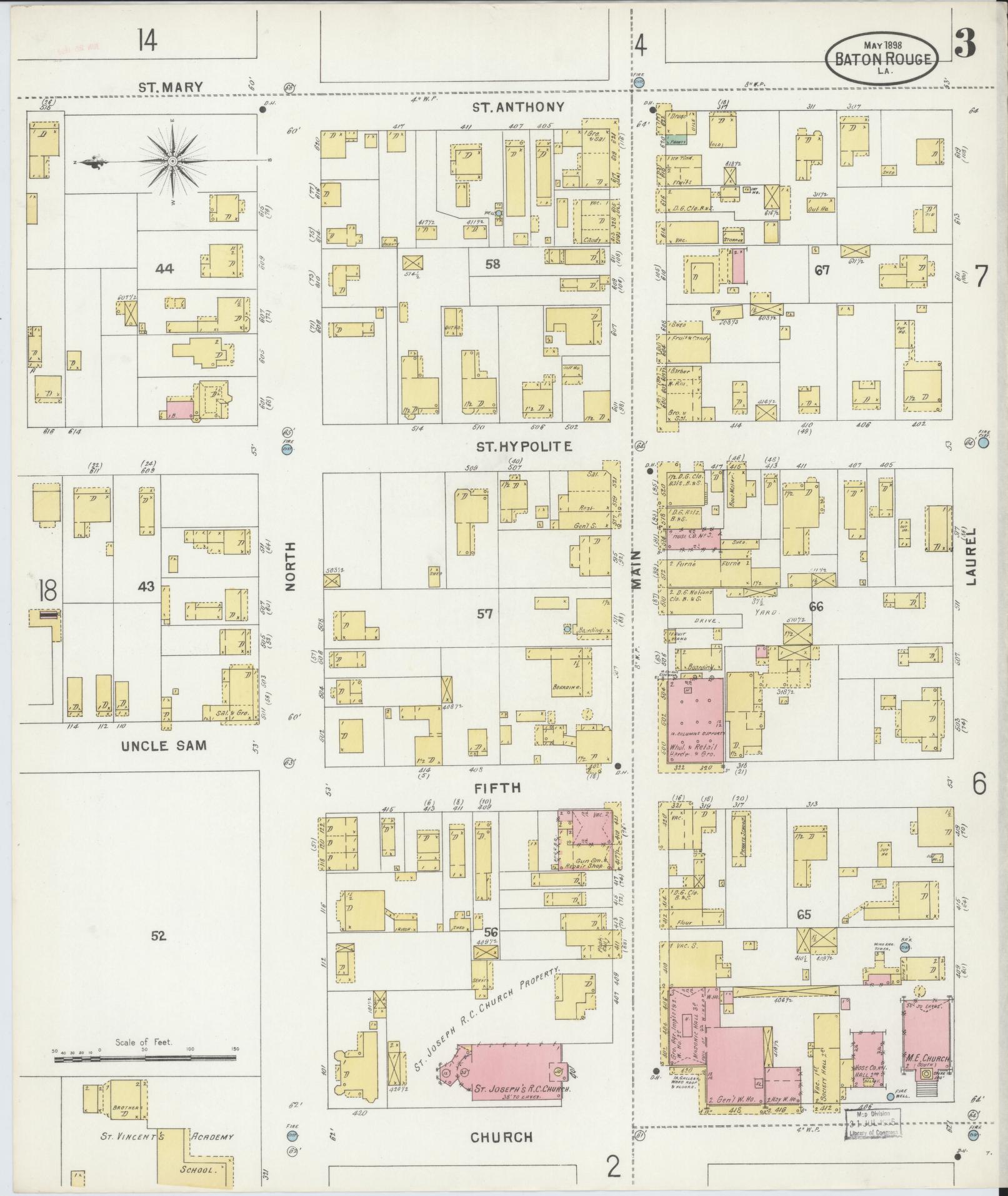 Sanborn Fire Insurance Map from Baton Rouge, East Baton Rouge Parish, Louisiana (1898), Sheet #0003 - Historic Sanborn Fire Insurance Map Print, vintage old map wall art, antique decor, genealogy gift, Louisiana Louisiana map