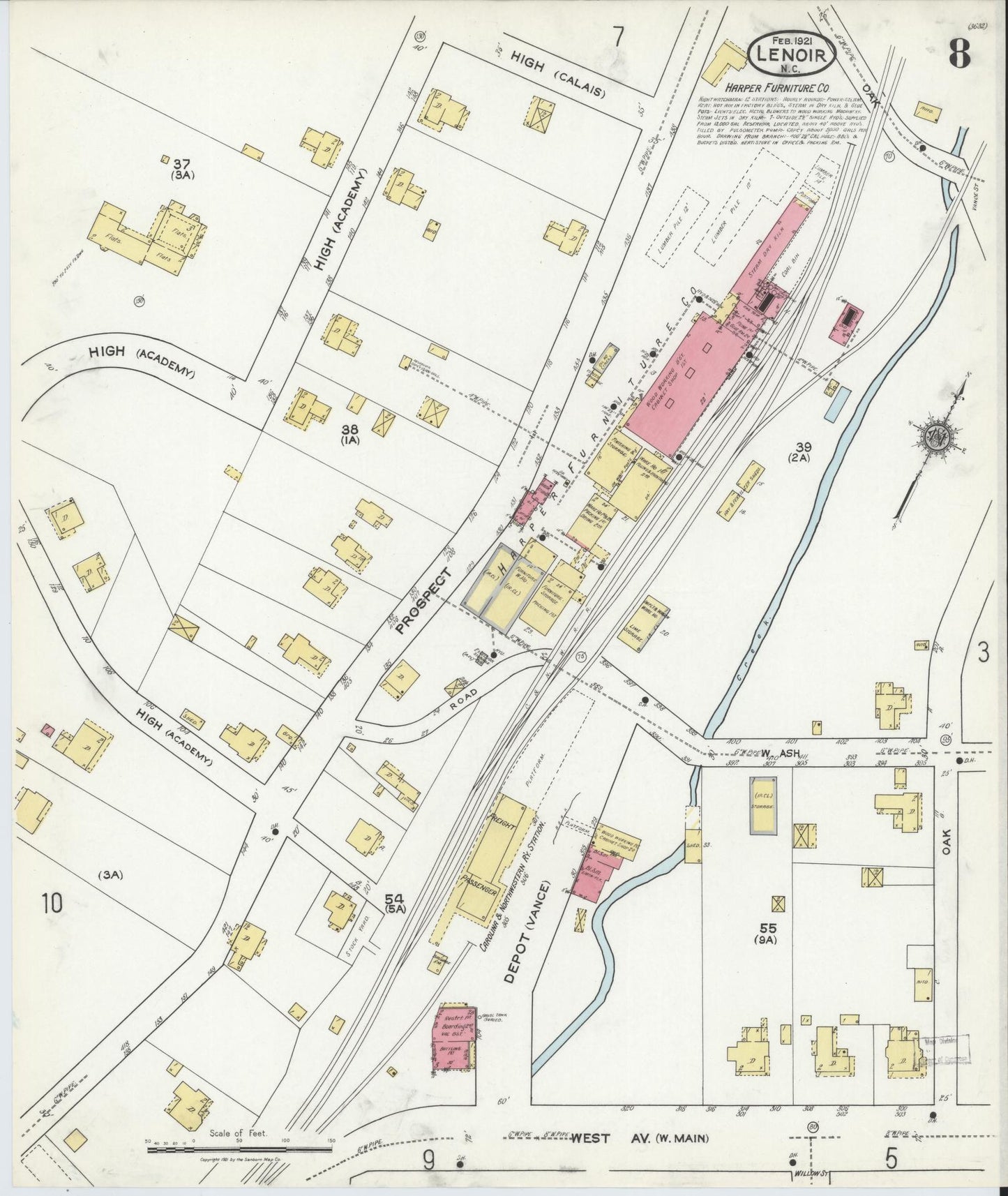 Sanborn Fire Insurance Map from Lenoir, Caldwell County, North Carolina (1921), Sheet #0008 - Historic Sanborn Fire Insurance Map Print, vintage old map wall art, antique decor, genealogy gift, North Carolina North Carolina map