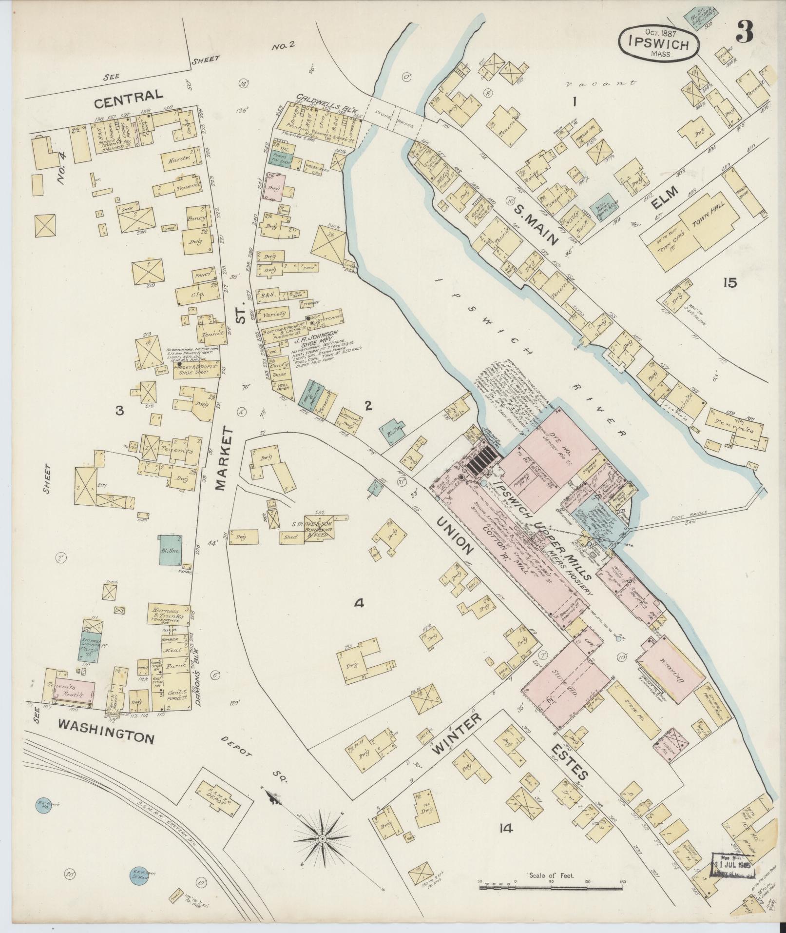 Sanborn Fire Insurance Map from Ipswich, Essex County, Massachusetts (1887), Sheet #0003 - Historic Sanborn Fire Insurance Map Print, vintage old map wall art, antique decor, genealogy gift, Massachusetts Massachusetts map