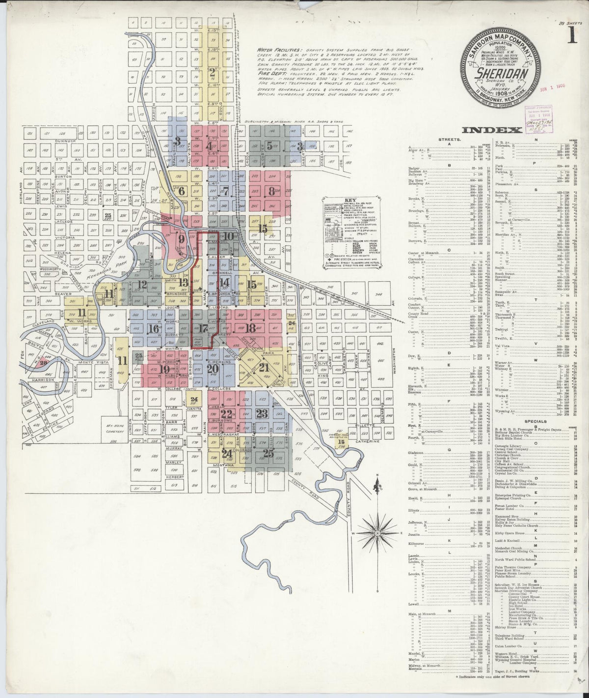 Sanborn Fire Insurance Map from Sheridan, Sheridan County, Wyoming (1908), Sheet #0001 - Historic Sanborn Fire Insurance Map Print, vintage old map wall art, antique decor, genealogy gift, Wyoming Wyoming map
