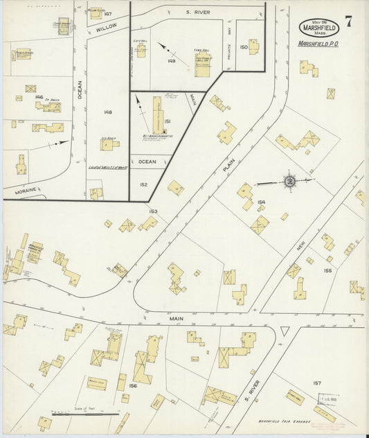 Sanborn Fire Insurance Map from Marshfield, Plymouth County, Massachusetts (1916), Sheet #0007 - Historic Sanborn Fire Insurance Map Print, vintage old map wall art, antique decor, genealogy gift, Massachusetts Massachusetts map