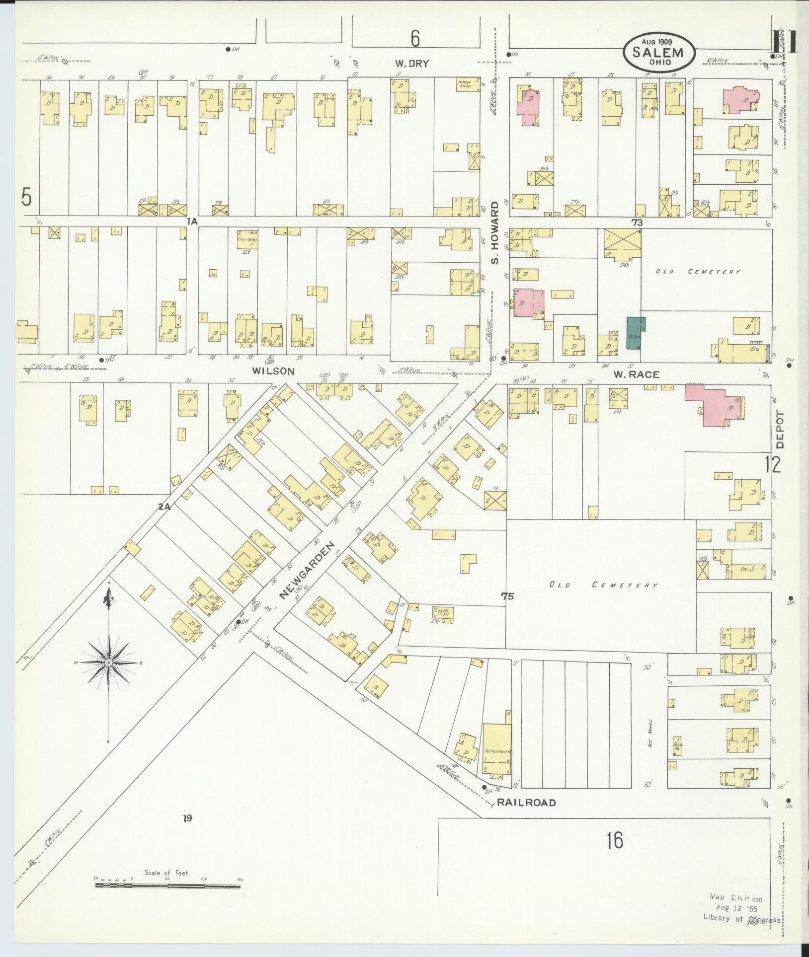 Sanborn Fire Insurance Map from Salem, Columbiana County, Ohio (1909), Sheet #0011 - Historic Sanborn Fire Insurance Map Print, vintage old map wall art, antique decor, genealogy gift, Ohio Ohio map