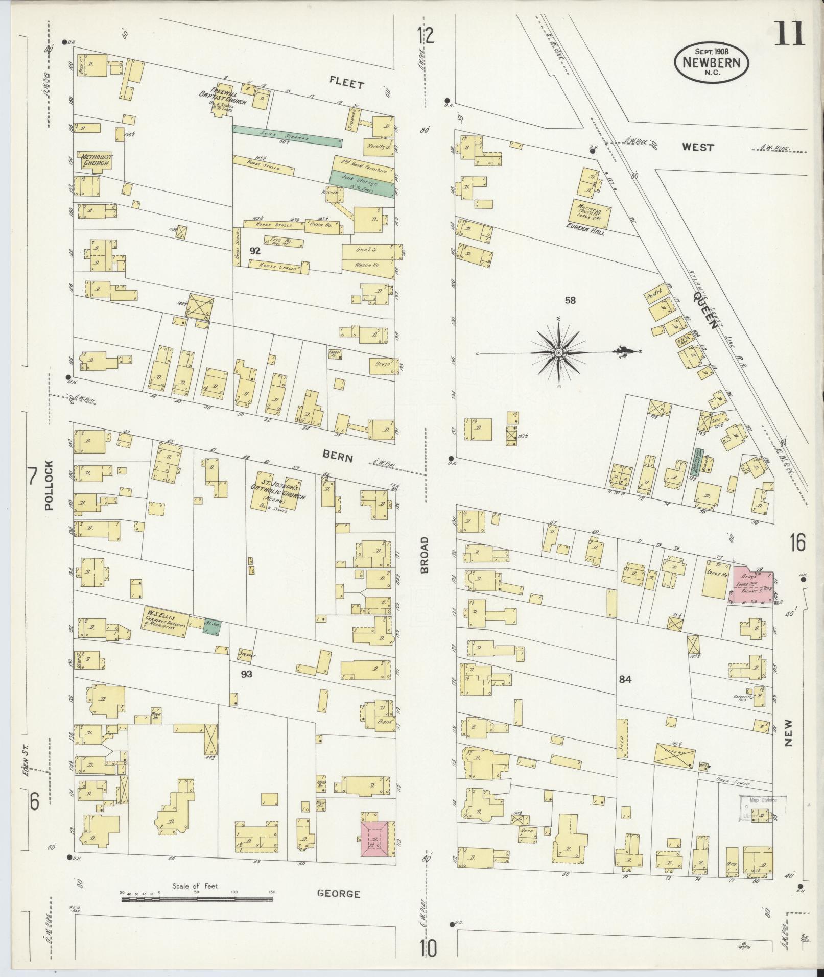 Sanborn Fire Insurance Map from New Bern, Craven County, North Carolina (1908), Sheet #0011 - Historic Sanborn Fire Insurance Map Print, vintage old map wall art, antique decor, genealogy gift, North Carolina North Carolina map