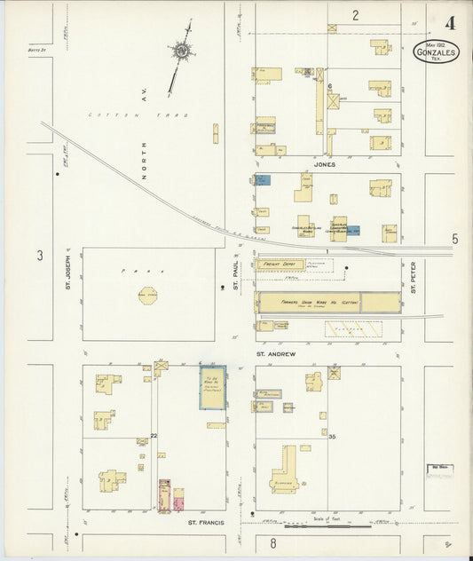 Sanborn Fire Insurance Map from Gonzales, Gonzales County, Texas (1912), Sheet #0004 - Historic Sanborn Fire Insurance Map Print, vintage old map wall art, antique decor, genealogy gift, Texas Texas map