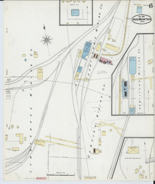 Sanborn Fire Insurance Map from Iron Mountain, Dickinson County, Michigan (1891), Sheet #0006 - Historic Sanborn Fire Insurance Map Print, vintage old map wall art, antique decor, genealogy gift, Michigan Michigan map