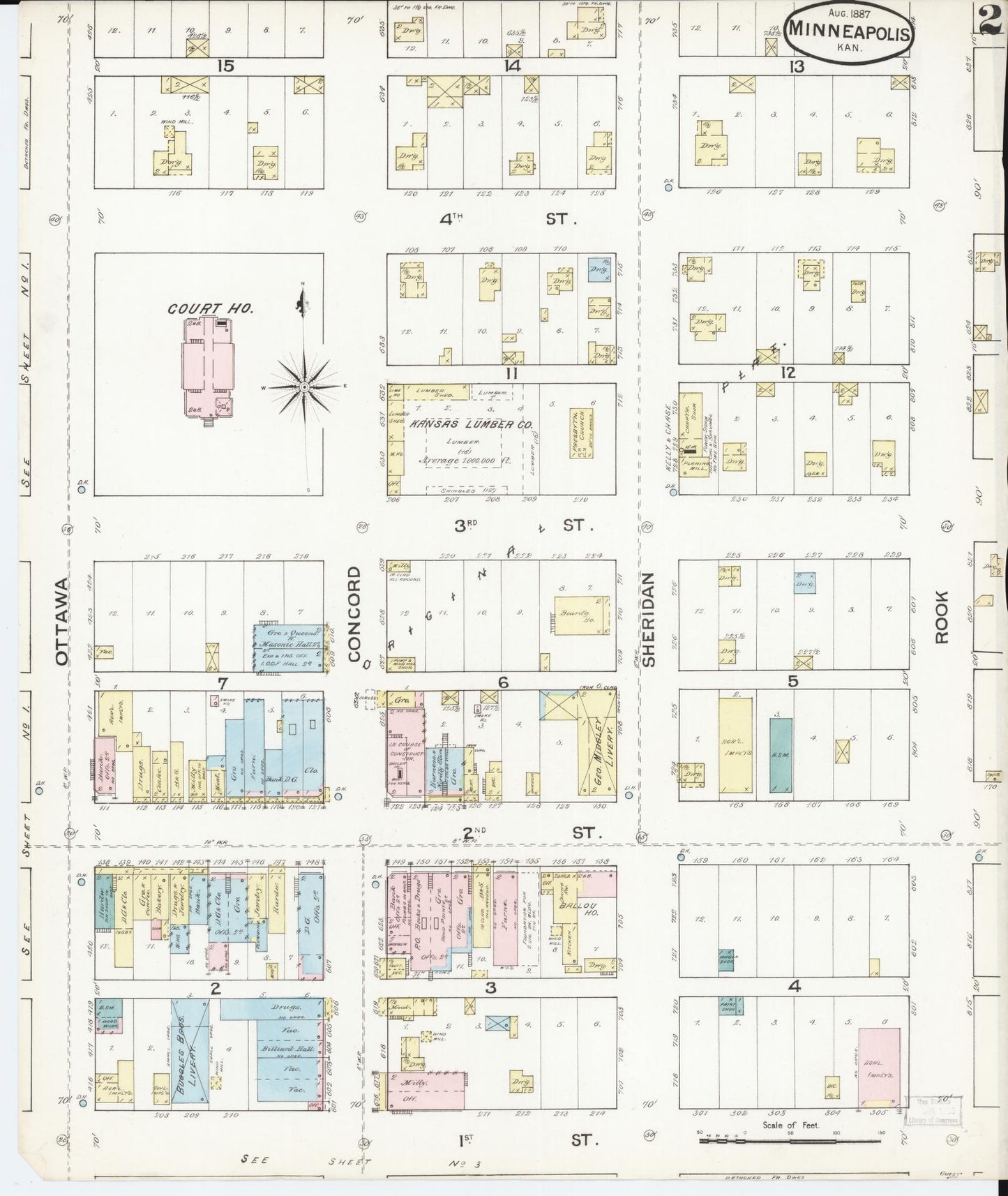 Sanborn Fire Insurance Map from Minneapolis, Ottawa  County, Kansas (1887), Sheet #0002 - Complete Map Set gallery image, historic Sanborn map, vintage wall art, Kansas Kansas