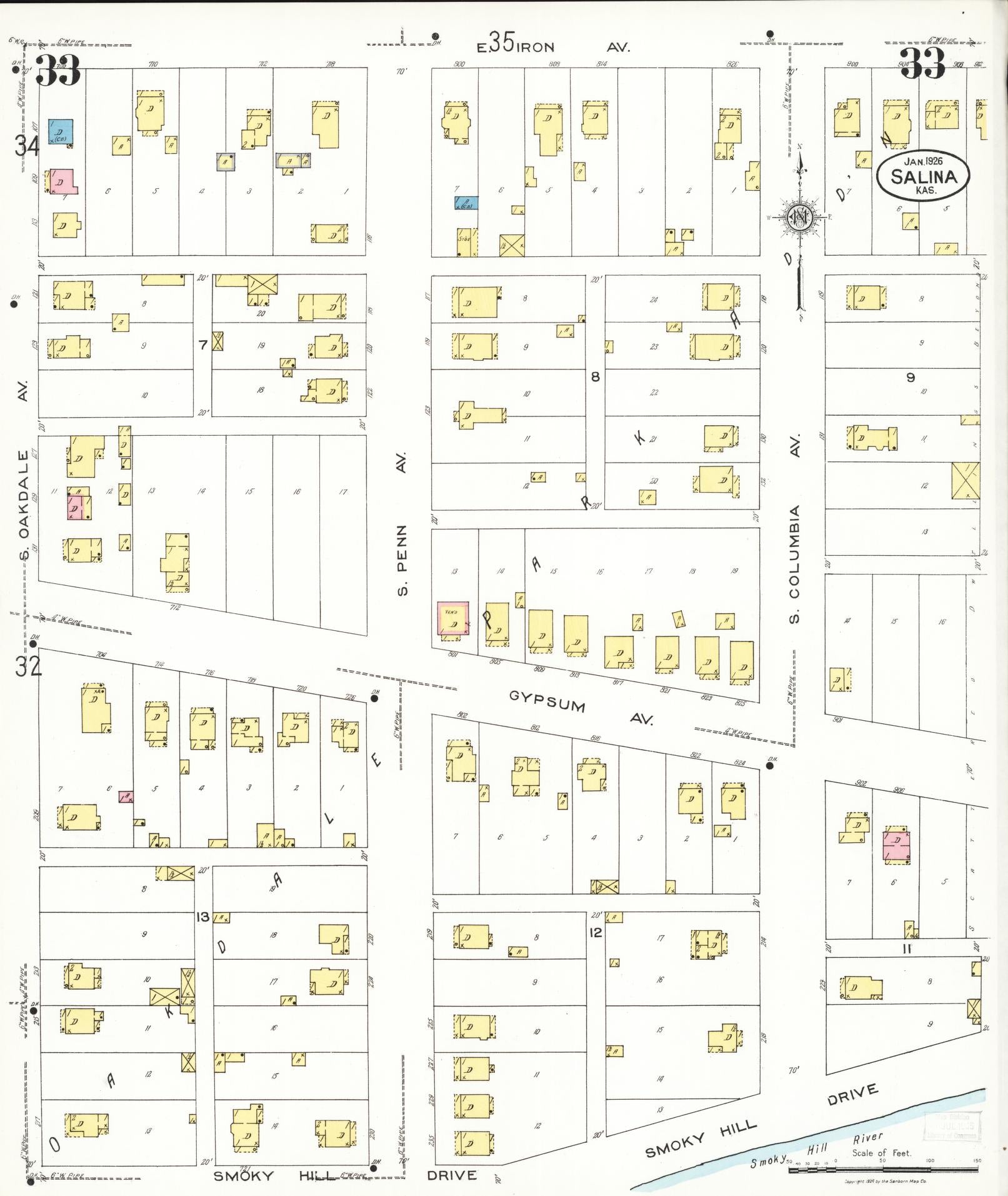 Sanborn Fire Insurance Map from Salina, Saline County, Kansas (1926), Sheet #0033 - Historic Sanborn Fire Insurance Map Print, vintage old map wall art, antique decor, genealogy gift, Kansas Kansas map