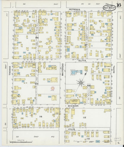 Sanborn Fire Insurance Map from Key West, Monroe County, Florida (1892), Sheet #0016 - Historic Sanborn Fire Insurance Map Print, vintage old map wall art, antique decor, genealogy gift, Florida Florida map
