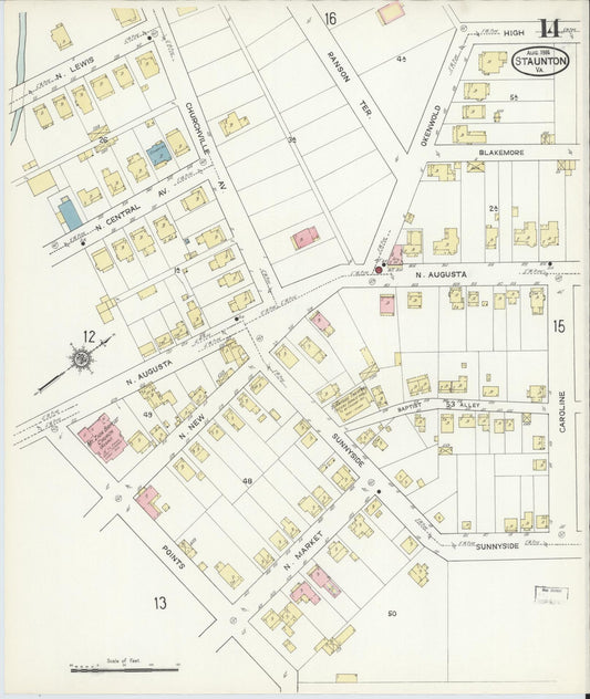 Sanborn Fire Insurance Map from Staunton, Independent Cities, Virginia (1914), Sheet #0014 - Historic Sanborn Fire Insurance Map Print, vintage old map wall art, antique decor, genealogy gift, Virginia Virginia map